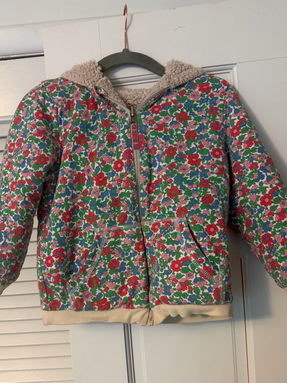 Mini Boden Reversible Floral Hooded Jacket  - Pink & Green 5T